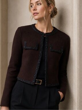 ZARA Beaded Wool Cardigan Jacket Brown Burgandy Embellished Trim Size Medium